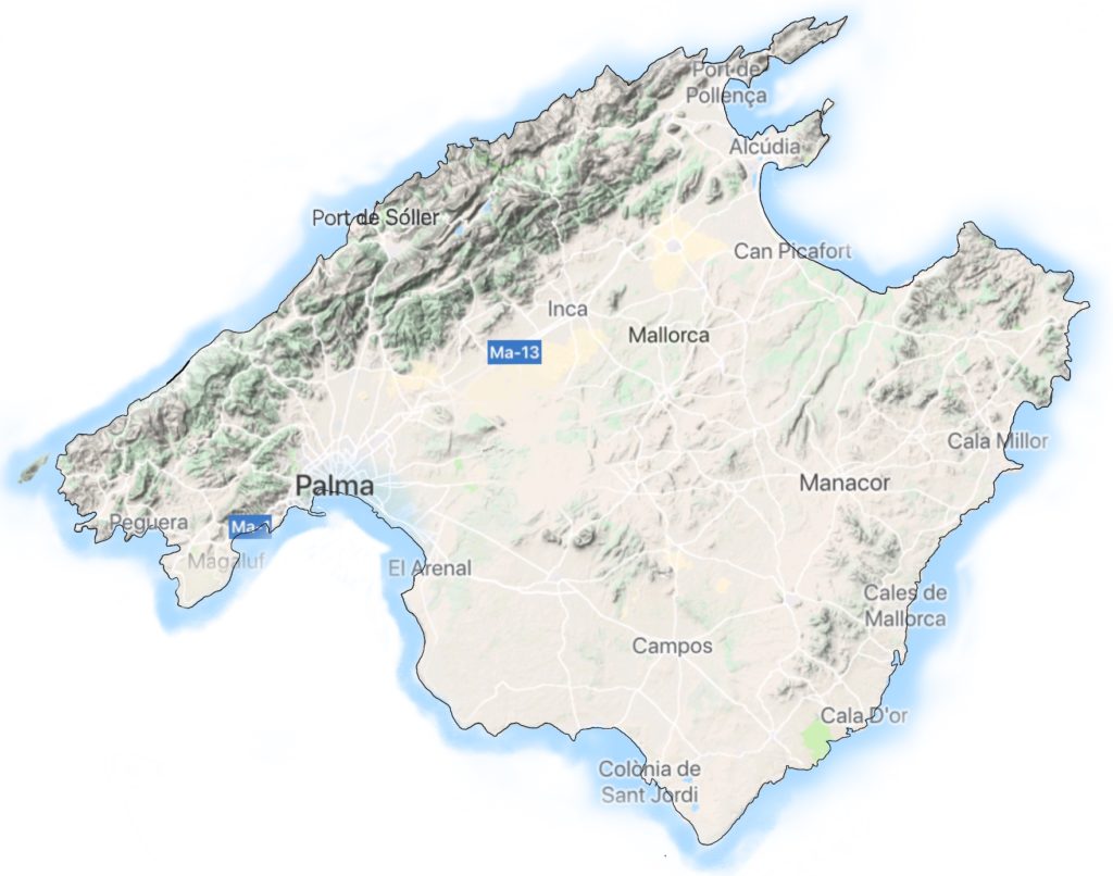 Map showing the island of Mallorca with major towns and roads.