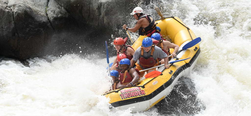 Two people ziplining over a green landscape with cruise ships in the background.