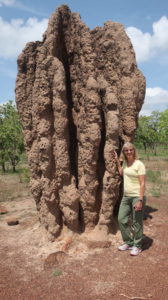 A woman stands next to a huge termite mound in a natural setting.