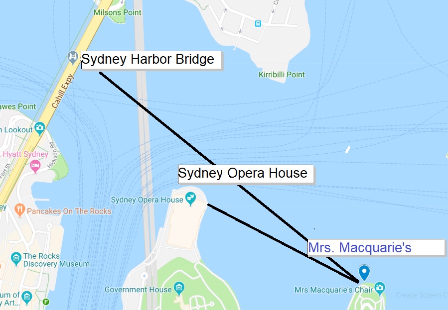 Map showing line between Sydney Opera House and Sydney Harbor Bridge.