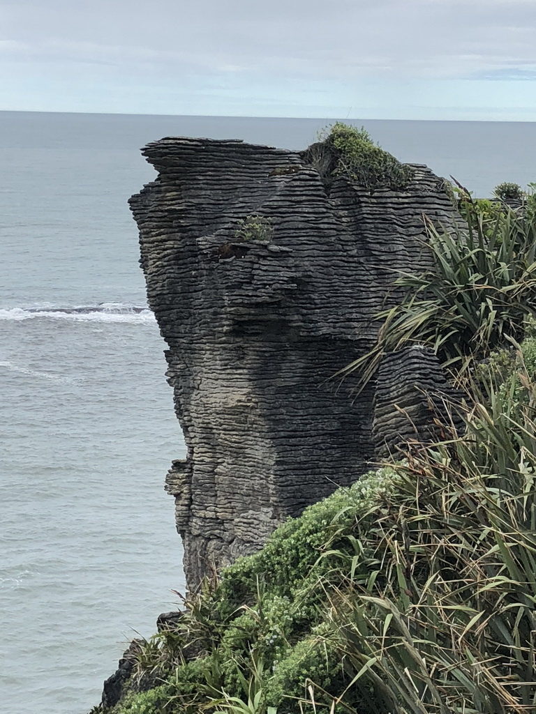 Tall rock formation overlooking the ocean with greenery.