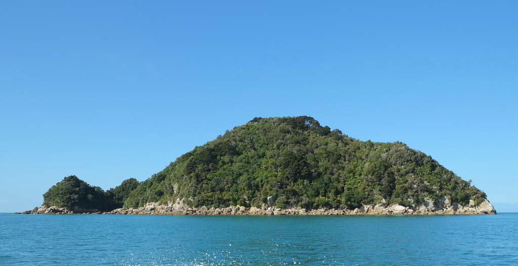 A green, forested island surrounded by blue water under a clear sky.