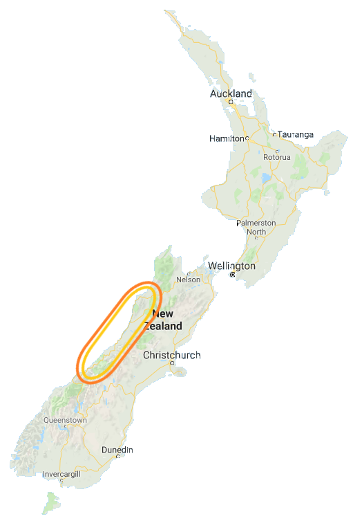 Map highlighting a specific region on New Zealand's South Island.