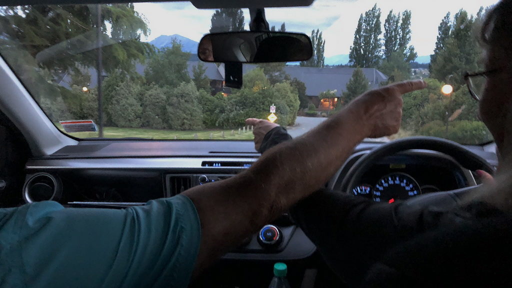Two people in a car pointing at something outside the windshield.