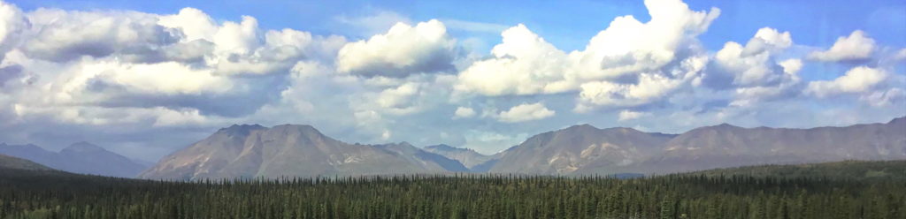 Mountain range under a partly cloudy sky with a forest in the foreground.