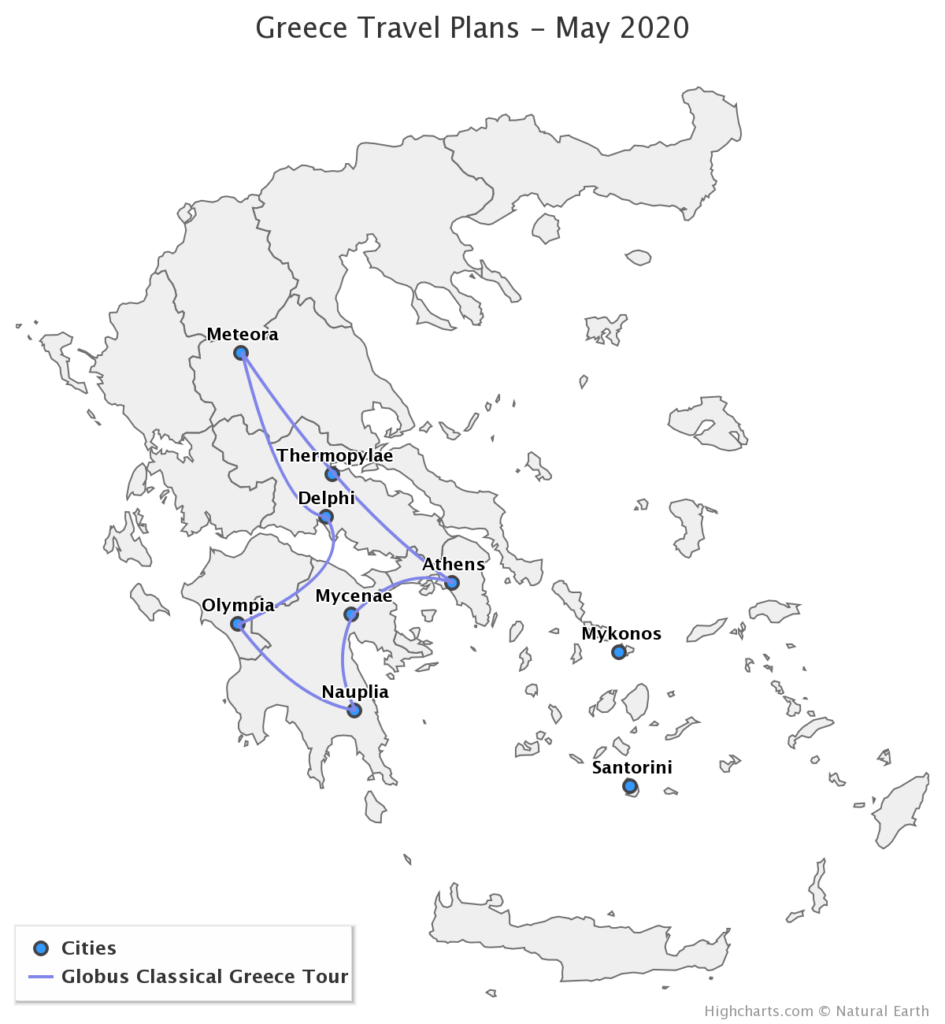 Map showing Greece's cities and their classical service times.
