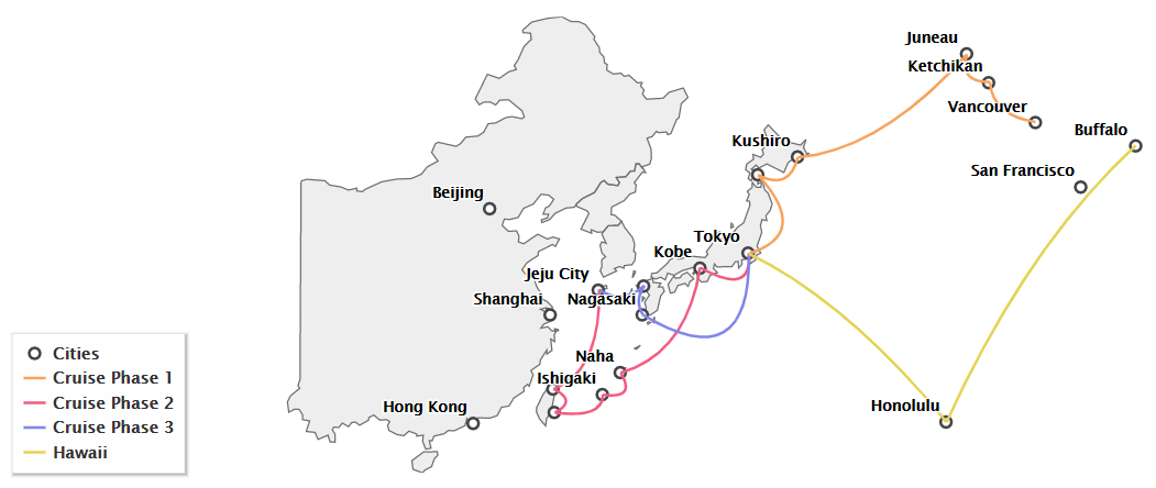 Map showing flight routes between cities in China, Japan, and surrounding areas.