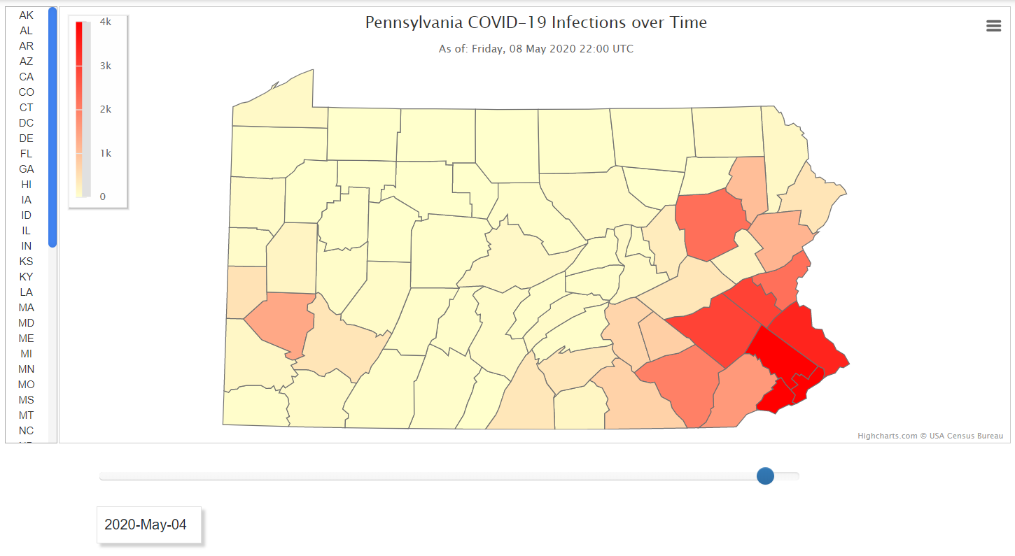 Map showing COVID-19 infections across Pennsylvania counties with higher rates in the southeast.