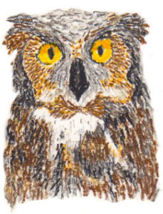 A detailed drawing of an owl with bright yellow eyes and textured feathers.