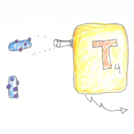 A car fires a Scrabble tile T with a score of 4 at another car.