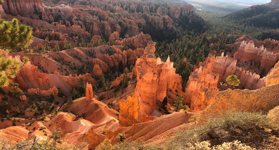 Aerial view of orange rock formations and autumn forest.