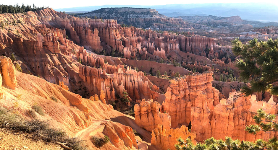 Sunlit hoodoos at Bryce Canyon National Park under a clear sky.