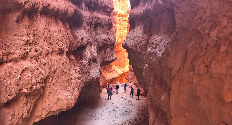 Hikers exploring a narrow canyon with striking red rock formations.