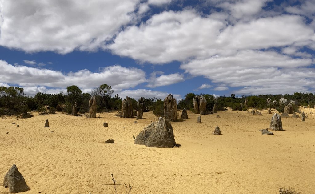The Pinnacles limestone pillars rising from golden sand.